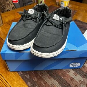 Hey Dude Black Canvas Slip-On Loafers with White Speckled Sole